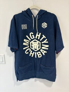 Evisu Navy Short Sleeve Hoodie with Cream 'Mighty Ichiban' Graphic